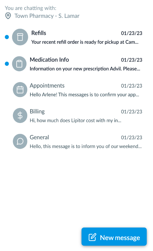 lumistry messaging screen in pharmacy app