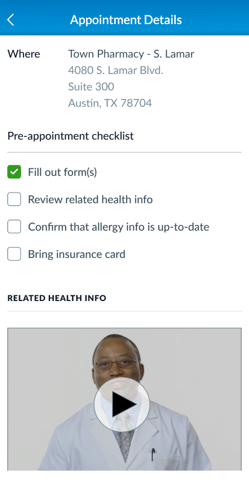 lumistry appointments tab pre-appointment checklist in pharmacy app