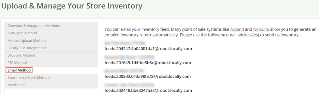 Screen shot that says "Upload & Manage Your Store Inventory" with Email Method higlighted