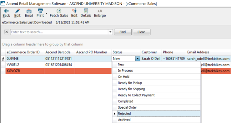 Screenshot of eCommerce Sales window with Status dropdown open and Reject selected