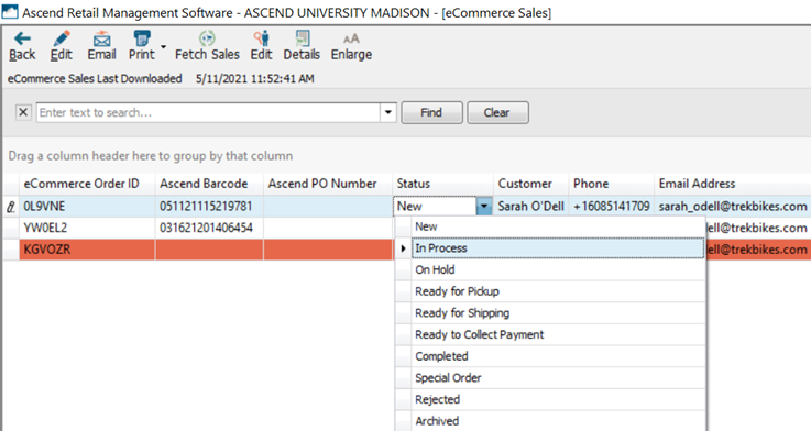 Screenshot of eCommerce Sales window with Status dropdown open and In Process selected