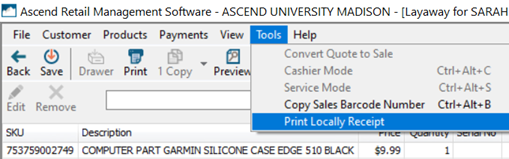 Screenshot of the open Tools menu with Print Locally Receipt selected