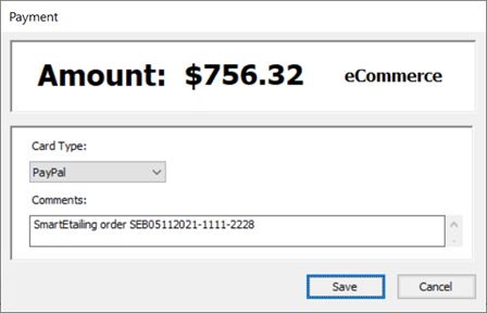 Screenshot of the Payment window with "SmartEtailing order #" in the comments