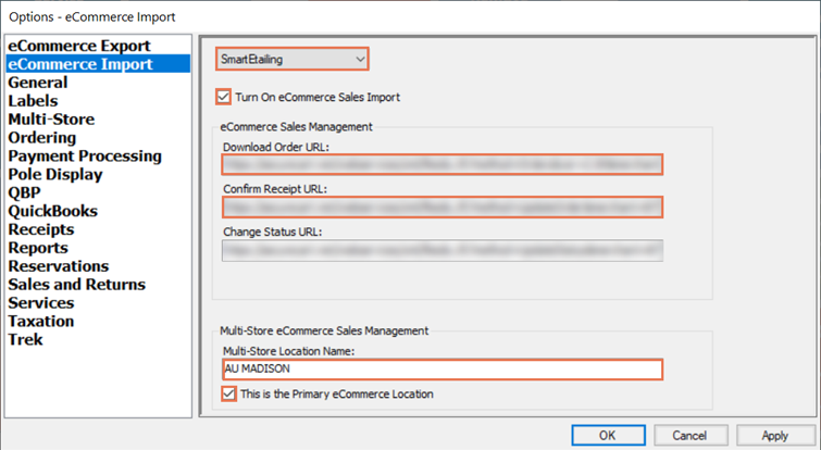 Screenshot of eCommerce import window with SmartEtailing highlighted, the box checked next to Turn on eCommerce Sales Support, the Download Order URL and Confirm Receipt URL highlighted. Also highlighted is the box under Multi-Store Location Name and the checked box next to This is the Primary eCommerce Location