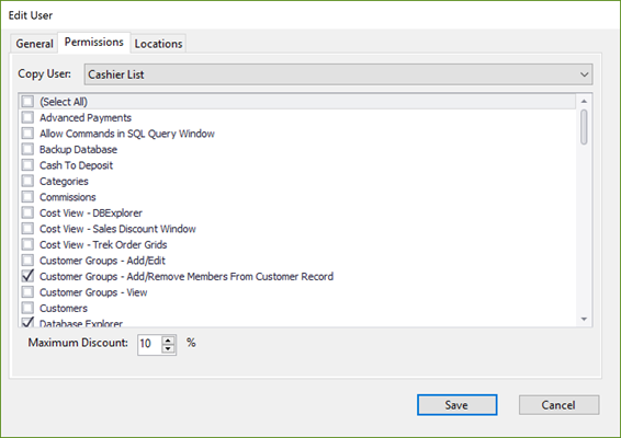 Screenshot of the Edit User window with the Permissions tab open