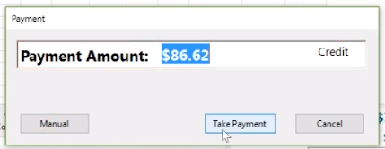 Screenshot of Payment window with Take Payment button highlighted