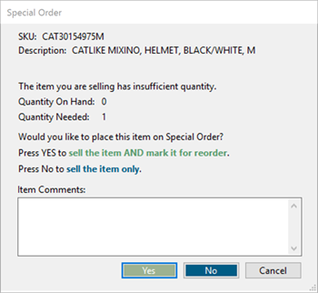 Screenshot of the Special Order window