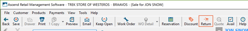 Screenshot of Sale toolbar with Return icon highlighted