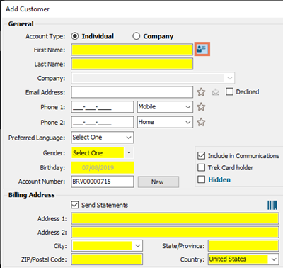 Screenshot of Add Customer window. The icon next to First Name is highlighted and many fields are highlighted, they are detailed in the text below