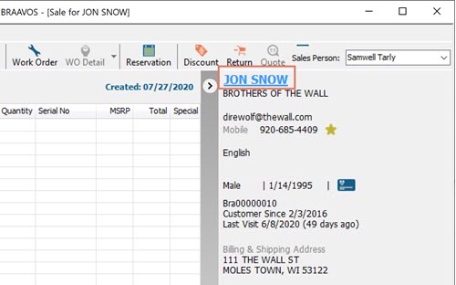 Screenshot of the Transaction Screen with the customer's name highlighted
