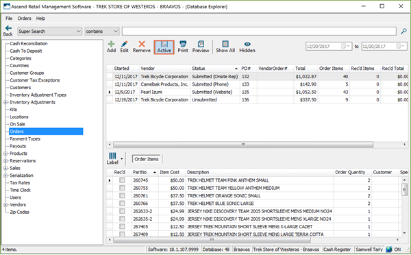 Screenshot of the Database Explorer, Order is selected on the left menu and Active is highlighted.