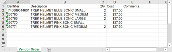 Screenshot of an Excel sheet with Identifier, Description, Qty, Cost, and Comments as the column headers