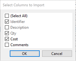 Screenshot of pop up "Select Columns to import"