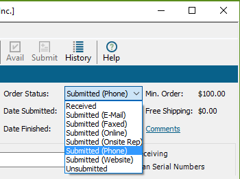 Screenshot of the Order Status dropdown. "Submitted (phone)" is selected.