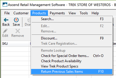 Screenshot with Products dropdown open and Return Previous Sales Items selected