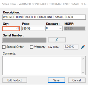 Screenshot of Sales Item window with Qty highlighted and -1 in the qty box