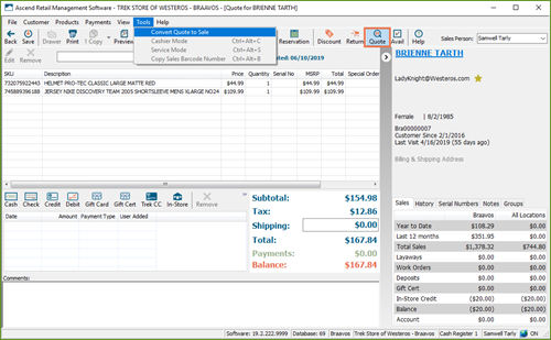 Screenshot with Tools menu open and Convert Quote to Sale selected and Quote icon highlighted