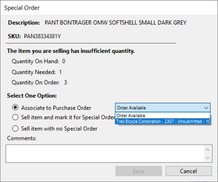 Screenshot of Special Order window with Associate to Purchase Order option checked and dropdown next to it expanded
