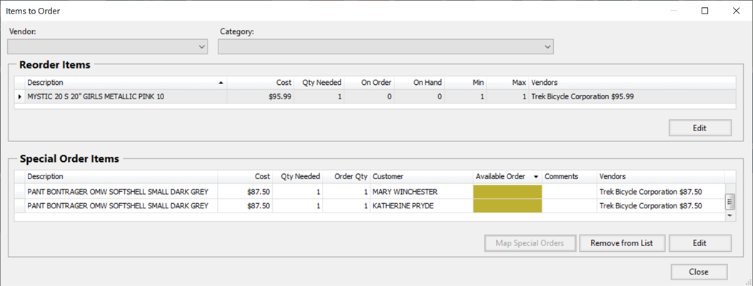 Screenshot of Items to Order window with Available Order field highlighted in yellow