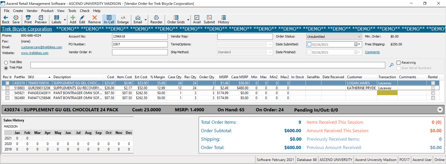 Screenshot of the Vendor Order window with Transaction field highlighted in yellow