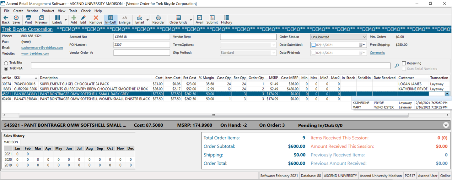 Screenshot with an item highlighted and the dropdown under Transaction expanded