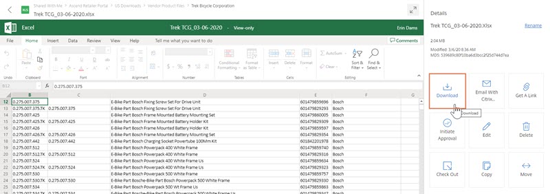 Screenshot of an Excel document with a menu on the right and Download highlighted