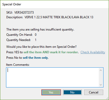Screenshot of Special Order window. The Yes button is highlighted