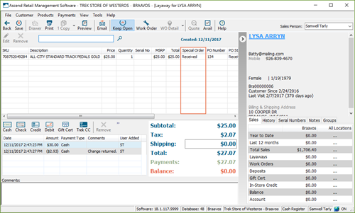 Screenshot of a Layaway window with the Special Order column highlighted