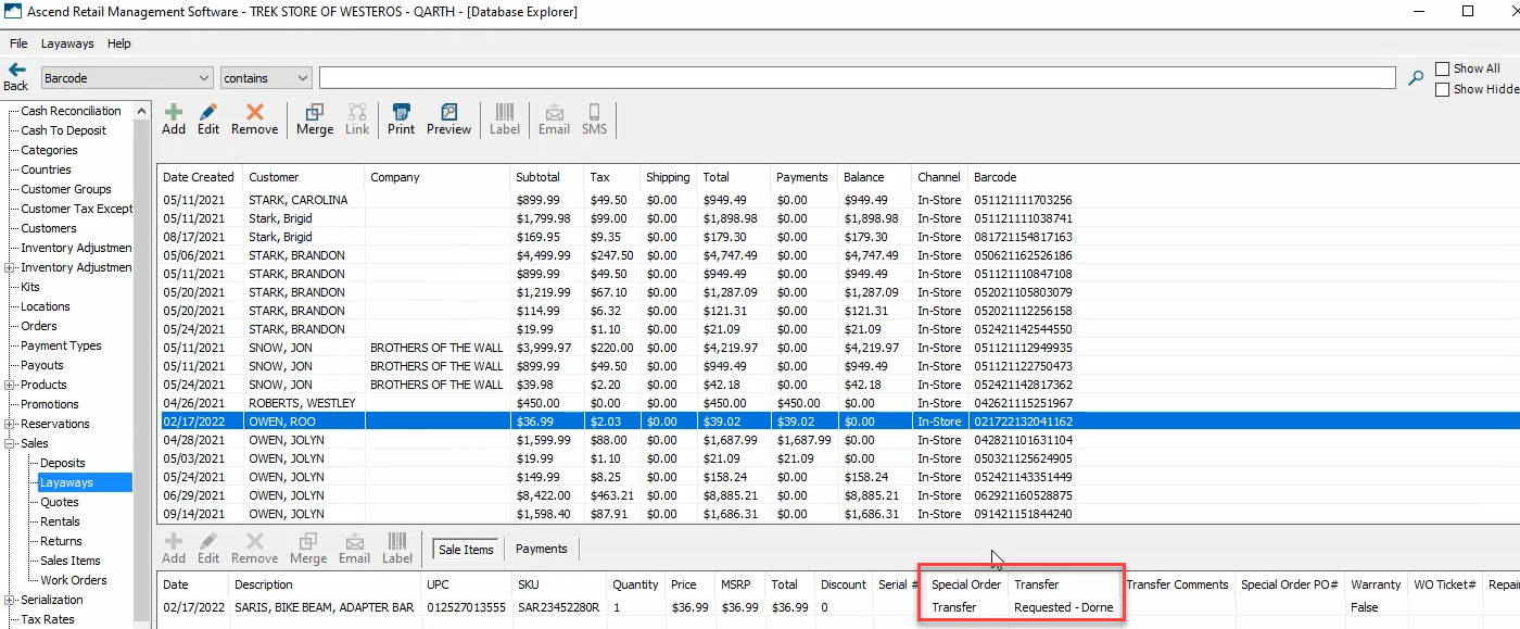Screenshot with Special Order and Transfer columns highlighted