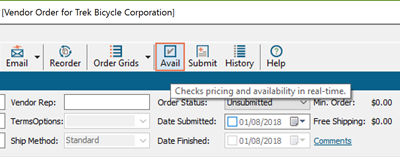 Captura de pantalla de la ventana de pedido de proveedor con Avail resaltado