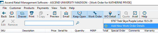 Screenshot of WO Detail icon with Add New Work Order Details selected in the dropdown.