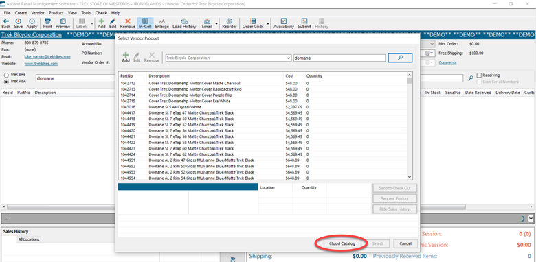 Screenshot of Select Vendor Product pop up with Cloud Catalog button circled in red.