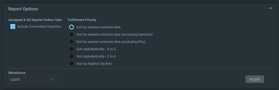 Screenshot of Report Options. Include Committed Transfers is checked, sort by earliest estimate date is checked