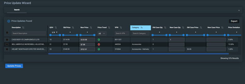 Screenshot of the price update tool with price updates and quantity on hand shown for 3 products