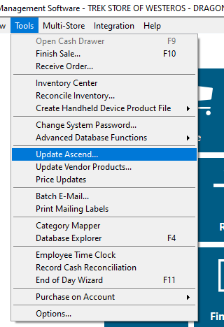 Screenshot of Tools Menu with Update Ascend highlighted