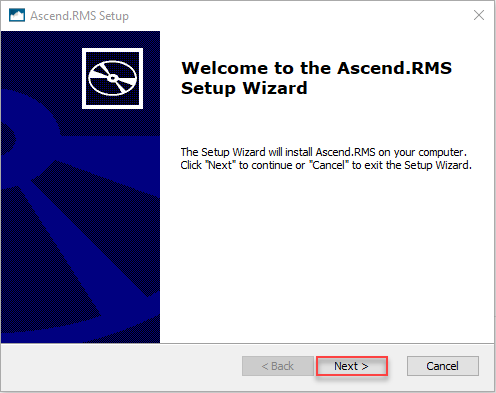 Screenshot of Ascend.RMS Setup Wizard with Next highlighted