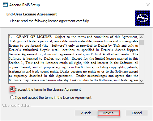 Screenshot of End User License Agreement. filled selection box next to "I accept the terms in the License Agreement" and and Next is also highlighted