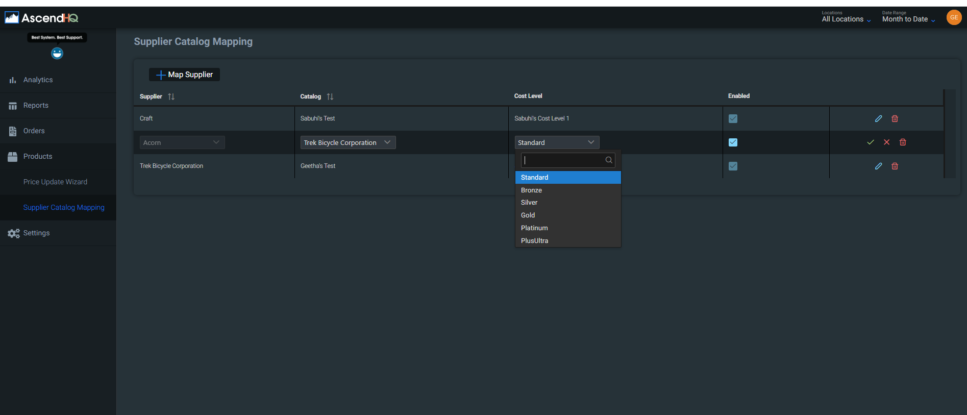 Screenshot of the Supplier Catalog Mapping with the Cost Level dropdown menu open and Standard selected
