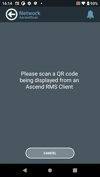 Screenshot of AscendScan that says "Please scan a QR code being displayed from an Ascend RMS client"