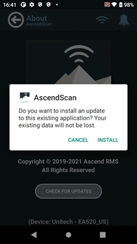 Screenshot with pop up that says "AscendScan. Do you want to install an update to this existing application? Your existing data will not be lost" with an option for Install and one for Cancel