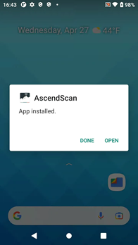 Screenshot with a pop up that says "AscendScan. App installed." With a button that says Done and one that says Open