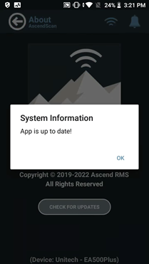 Screenshot with a popup that says "System Information. App is up to date!" and a button that says OK