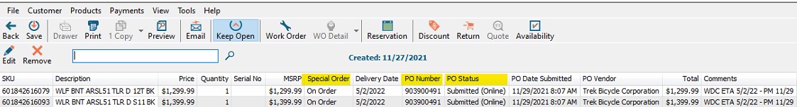 Screenshot with the Special Order, PO Number, and PO Status columns highlighted