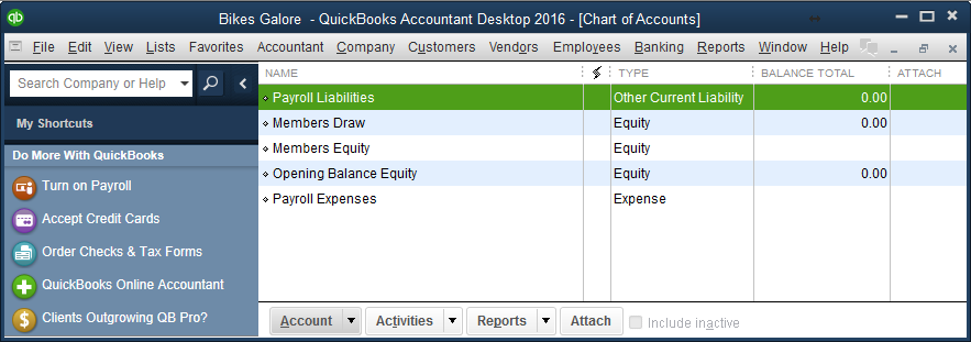 Screenshot of Chart of Accounts with five accounts visible: Payroll Liabilities, Members Draw, Members Equity, Opening Balance Equity, Payroll Expenses