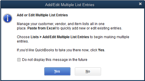 Screenshot of Add or Edit Multiple List Entries window with a blue Yes button and a white No button