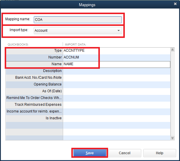 Screenshot of Mappings with "Mapping Name: COA" highlighted, "Import Type: Account dropdown" highlighted and Quickbooks type, number, and name highlighted
