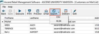 Screenshot of the Export button highlighted with the dropdown open. The options are CSV or XLSX