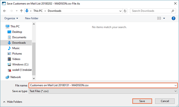 Screenshot of Downloads window with File Name box highlighted and Save button highlighted