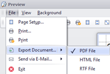 Screenshot of the Preview window. The File menu is open, Export Document is selected, and there is a check mark next to PDF File