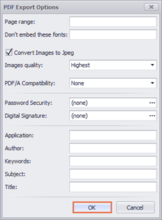 Screenshot of the PDF Export Options window with the OK button highlighted